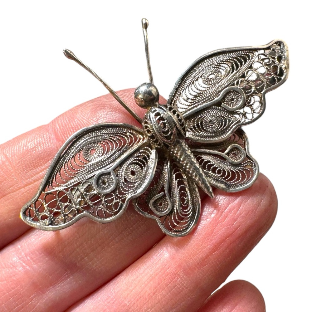 Stunning antique 800 silver large filagree BUTTERFLY brooch
